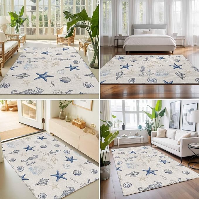 Area Rug 3x5ft, Coastal Seahorse Starfish Shell Conch Washable Rugs for Living Room Bedroom, Vintage Nautical Anchor Soft Non-Slip Area Rugs Rectangle Floor Carpet for Dining Room
