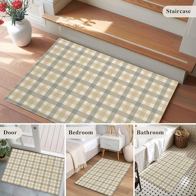 Area Rug 2x3ft, Farmhouse Vintage Beige Tan Buffalo Plaid Washable Rugs for Living Room Bedroom, Rustic Linen Soft Non-Slip Area Rugs Rectangle Floor Carpet for Dining Room