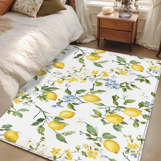 Area Rug 3x5ft, Summer Watercolor Lemon Flower Washable Rugs for Living Room Bedroom, Spring Farm Fruit Green Leaf Soft Non-Slip Area Rugs Rectangle Floor Carpet for Dining Room