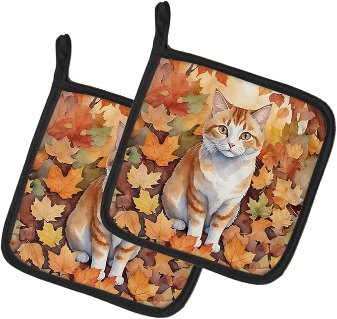 Caroline's Treasures Manx Cat in Fall Leaves Pair of Pot Holders Kitchen Heat Resistant Pot Holders Sets Oven Hot Pads for Cooking Baking BBQ, 7 1/2 x 7 1/2