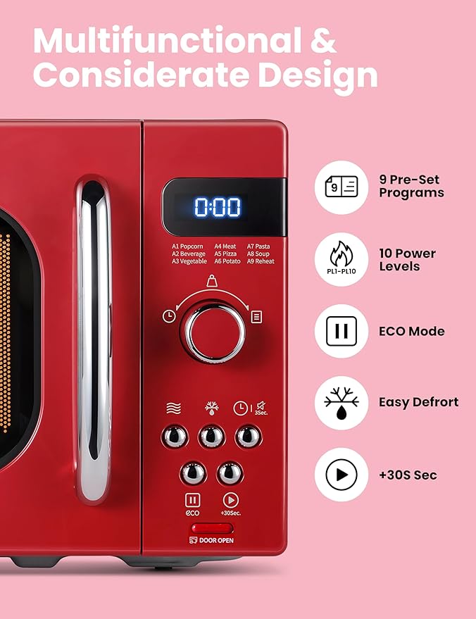 COMFEE' Retro Small Microwave Oven With Compact Size, 9 Preset Menus, Position-Memory Turntable, Mute Function, Countertop Microwave Perfect For Small Spaces, 0.7 Cu Ft/700W, Red, AM720C2RA-R
