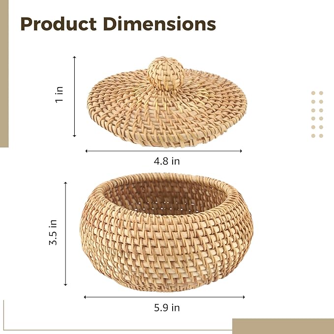 ZALIR Round Rattan Basket with Lid, Small Handmade Woven Storage Basket, Decorative Organizer Box, Vintage Rattan Tabletop Container for Keys, Candy, Sundries, 5.9 x 3.5 in