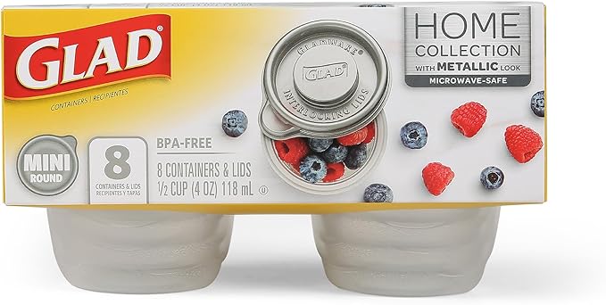 Glad GladWare Home Collection Mini Round Food Storage Containers, Small BPA Free Plastic with Silver Metallic Lid, Snack and Portion Control Containers, Microwave Dishwasher Safe, 4 Oz, 8 Count
