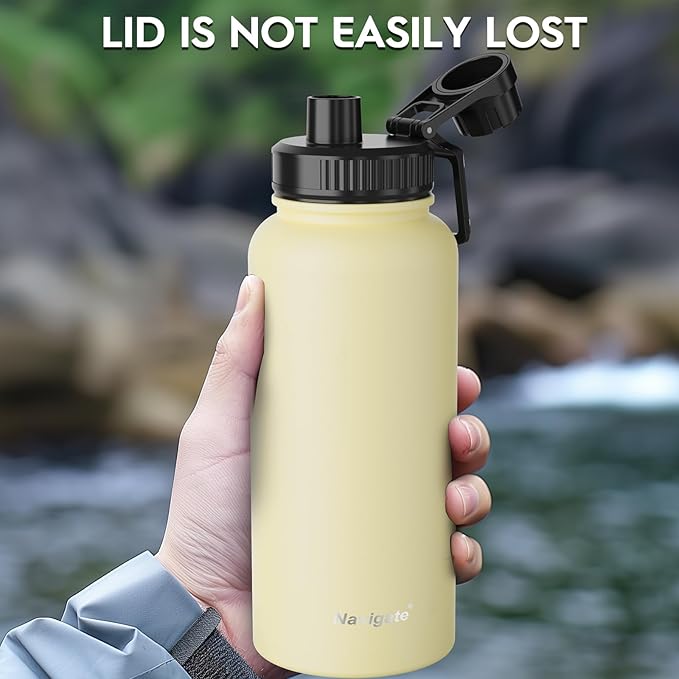 Navigate 32 oz Insulated Stainless Steel Sports Water Bottle with Spout & Handle Lids,Wide Mouth Water Jug with Double Walled Leak Proof Keep Cold for 24 Hrs Hot for 12 Hrs,Faint Yellow