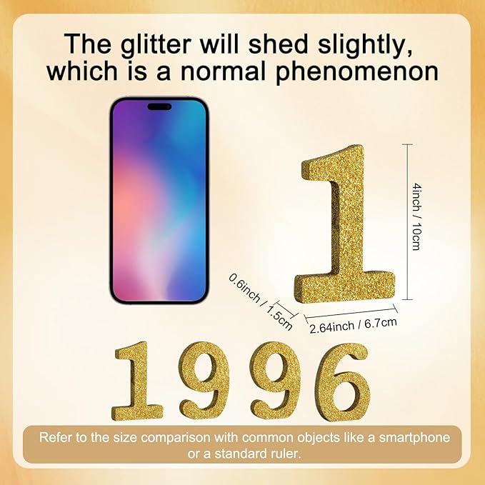 TONIFUL 4 Inch 1996 Gold Glitter Table Centerpiece Sign 1996 Number Block for 30th Birthday Decoration,Thirty Years Old Birthday Table Decoration,Class of 1996 Reunion Decorations or Anniversary