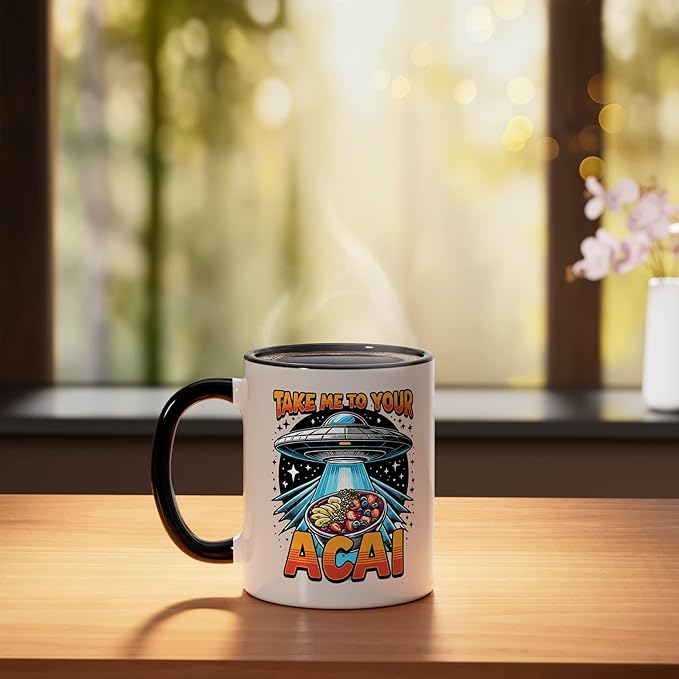 Take Me to Your Acai UFO Abduction Berry Fruit Funny Acai Ceramic Mug, Black/White
