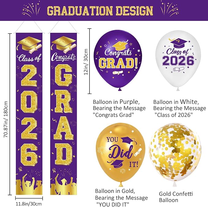 Graduation Decorations Class of 2026, Purple and Gold Graduation Decorations Include Grad Backdrop, Banner, Hanging Swirls, Porch Sign, Balloons for Congrats Grad Party Supplies