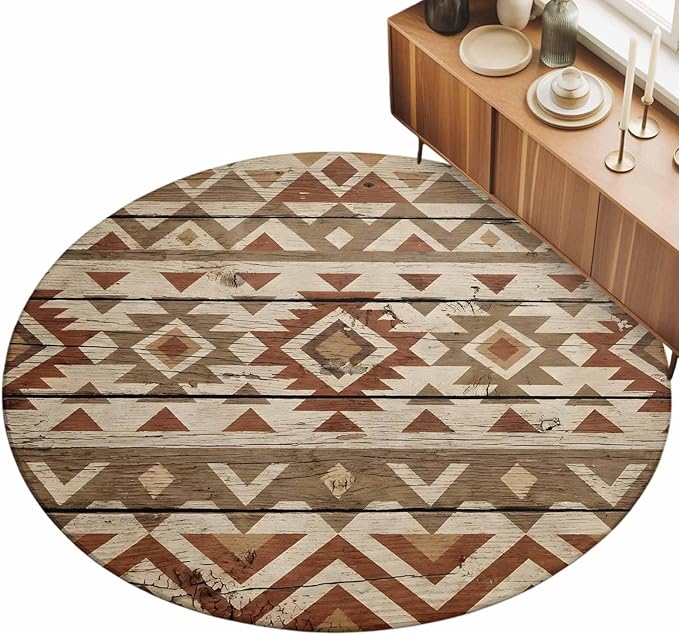 Washable Round Area Rug Rustic Aztec Style Pattern Circle Rugs Floor Carpet for Living Room Bedroom, Southwestern Geometric Art Soft Non Slip Round Rug 5ft