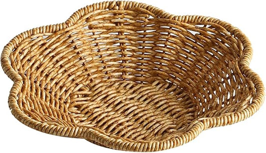 Generic Wicker Round Basket, Scalloped Serving Tray, Oval, Natural, Polypropylene, for Coffee Table Organizing