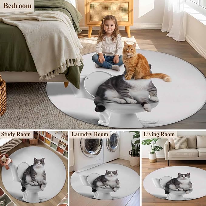 Washable Round Area Rug Cute Funny Cat on The Toilet Circle Rugs Floor Carpet for Living Room Bedroom, Animal Grey Art Soft Non Slip Round Rug 4ft