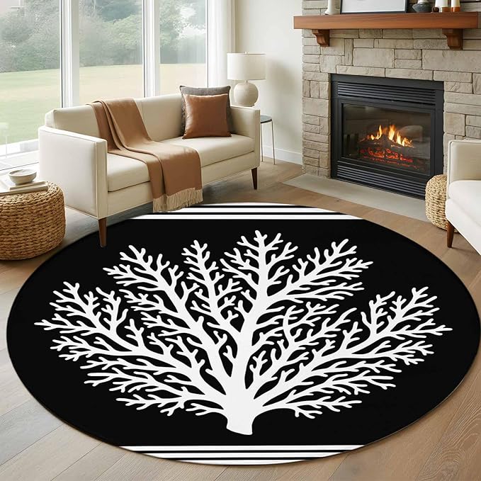 Washable Round Area Rug Coastal Coral Reef Texture Circle Rugs Floor Carpet for Living Room Bedroom, Ocean Theme Black White Soft Non Slip Round Rug 5ft