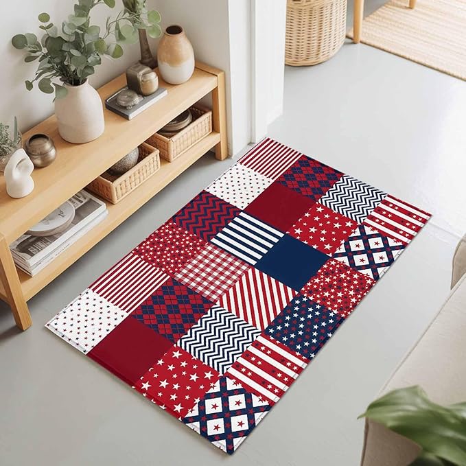 Area Rug 2x3ft, Abstract Splicing Stars Stripes Washable Rugs for Living Room Bedroom, Independence Day Red Blue White Soft Non-Slip Area Rugs Rectangle Floor Carpet for Dining Room