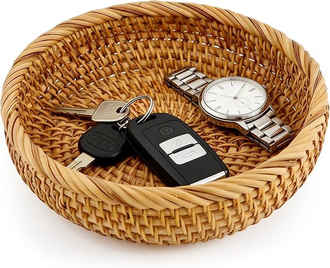 Small 6.9 Inch Natural Rattan Bread Basket,Handwoven Round Wicker Serving Bowls,Kitchen Wicker Fruit Basket Tray for Kitchen Counter Organizing Entryway Farmhouse Decor(6.9 Inch)