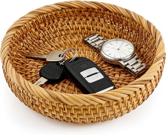 Small 6.9 Inch Natural Rattan Bread Basket,Handwoven Round Wicker Serving Bowls,Kitchen Wicker Fruit Basket Tray for Kitchen Counter Organizing Entryway Farmhouse Decor(6.9 Inch)