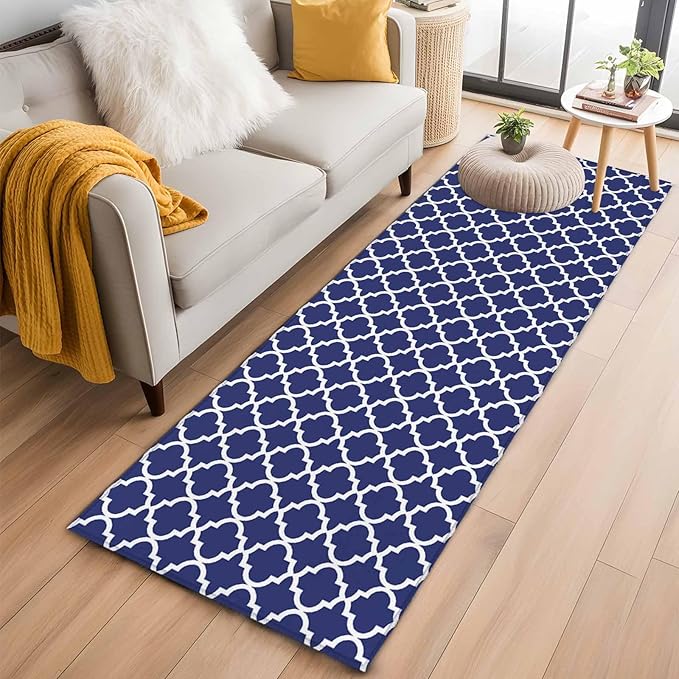Runner Rug for Bedroom Hallway, Navy Blue Moroccan Plaid Kitchen Runner Rugs Area Rug 2x6ft, White Line Buffalo Lattice Washable Soft Floor Carpet for Entryway Stair