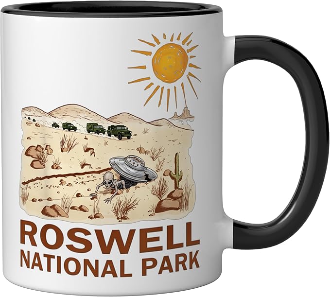 Roswell National Park UFO Flying Saucer Crash 1947 UAP Alien Ceramic Mug, Black/White