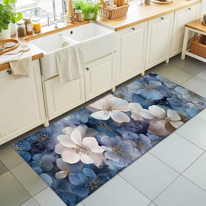 Runner Rug for Bedroom Hallway, Watercolor White Navy Blue Floral Foliage Kitchen Runner Rugs Area Rug 2x6ft, Abstract Flower Washable Soft Floor Carpet for Entryway Stair