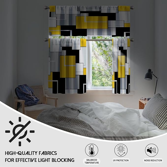 MCALK Yellow Blackout Kitchen Curtains Tiers and Valances Set 3 Piece for Windows Gold Geometric Modern Art Kitchen Window Curtains Set,Grey and Black Valances for Living Room(36" Tiers Set)