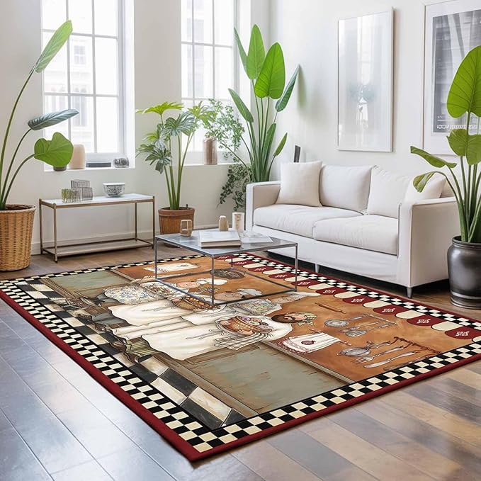 Area Rug 9x12ft, Farmhouse Cartoon Chef Washable Rugs for Living Room Bedroom Rectangle Floor Carpet, Cooking Theme Black White Checkered Soft Non-Slip Area Rugs for Dining Room