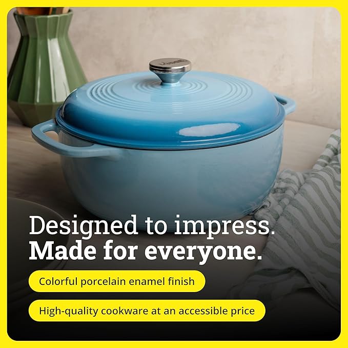 Lodge Essential Enamel Cast Iron Dutch Oven - Perfect for Bread Baking, Braising, Marinating & Slow Cooking - Features Moisture-Sealing Lid & Dual Handles - Kitchen Essentials - 6 Quarts - Cornflower Blue
