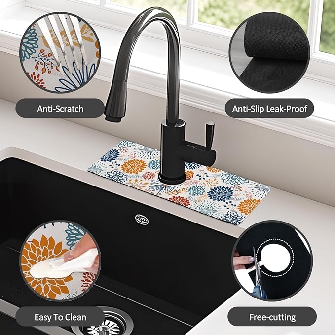 15" X 5.5" Kitchen Sink Splash Guard Faucet Mat Mandala Super Absorbent Fast Drying Faucet Guard & Draining Mat Sink Splash Guard Behind Faucet for Kitchen, Bathroom