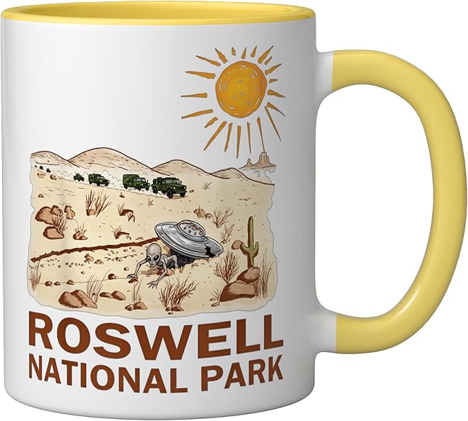 Roswell National Park UFO Flying Saucer Crash 1947 UAP Alien Ceramic Mug, Yellow/White