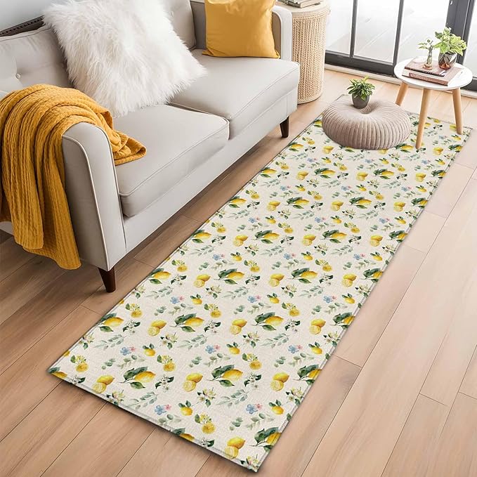 Runner Rug for Bedroom Hallway, Country Lemon Flower Leaf Kitchen Runner Rugs Area Rug 2x6ft, Pastoral Fruit Plant Vintage Linen Washable Soft Floor Carpet for Entryway Stair