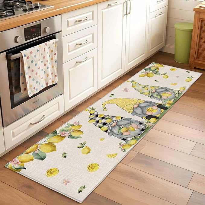 Runner Rug for Bedroom Hallway, Summer Gnome with Lemon Kitchen Runner Rugs Area Rug 2x6ft, Farmhouse Dwarf Fruit on Linen Washable Soft Floor Carpet for Entryway Stair