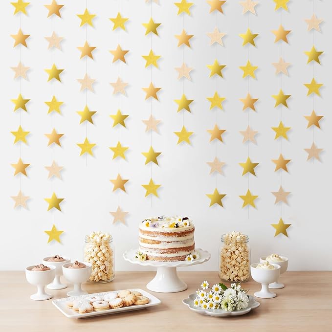 Patelai 130 Feet Glitter Star Garland Banner 2026 Party Decoration Double Side Star Hanging String Streamer Paper Twinkle for Graduation Wedding Birthday (Glitter Gold/Champagne Gold,Gold)