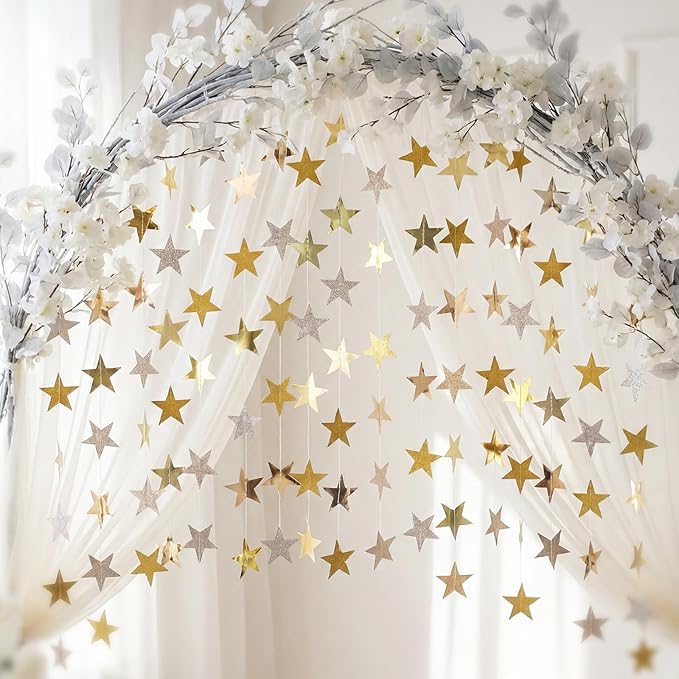 Patelai 130 Feet Glitter Star Garland Banner 2026 Party Decoration Double Side Star Hanging String Streamer Paper Twinkle for Graduation Wedding Birthday (Glitter Gold/Champagne Gold,Gold)