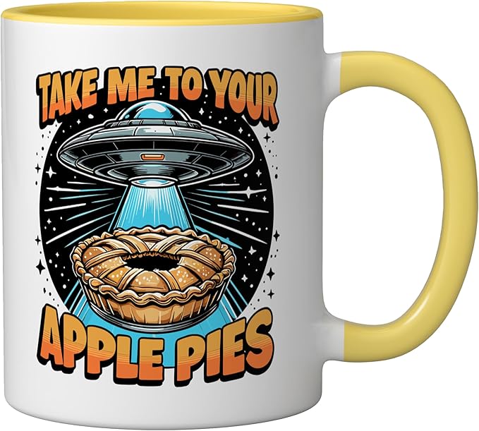 Take Me to Your Apple Pies UFO Abduction Funny Apple Pie Ceramic Mug, Yellow/White