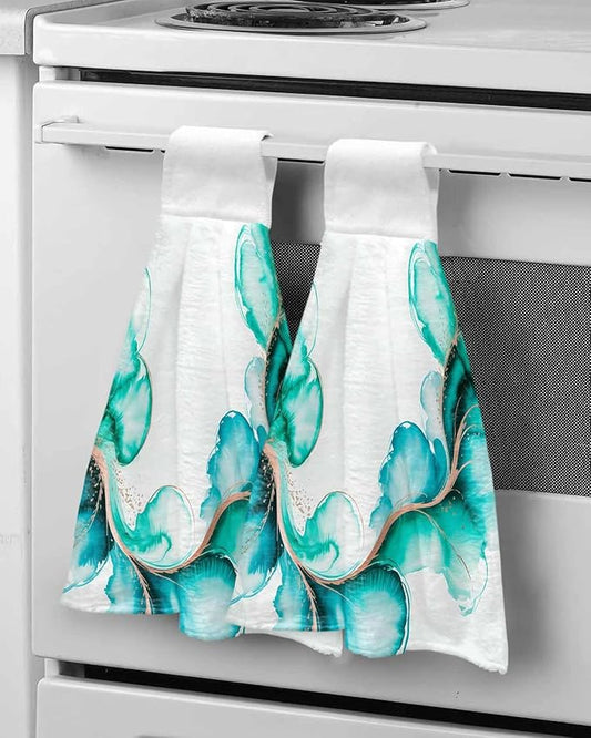 Alandar Home Kitchen Tie Towel Set of 2, Fantasy Ink Abstract Art Absorbent Soft Hand Towels for Bathroom Hanging Towels, Gradient Watercolor Green Fast Drying Cleaning Cloth with Loop