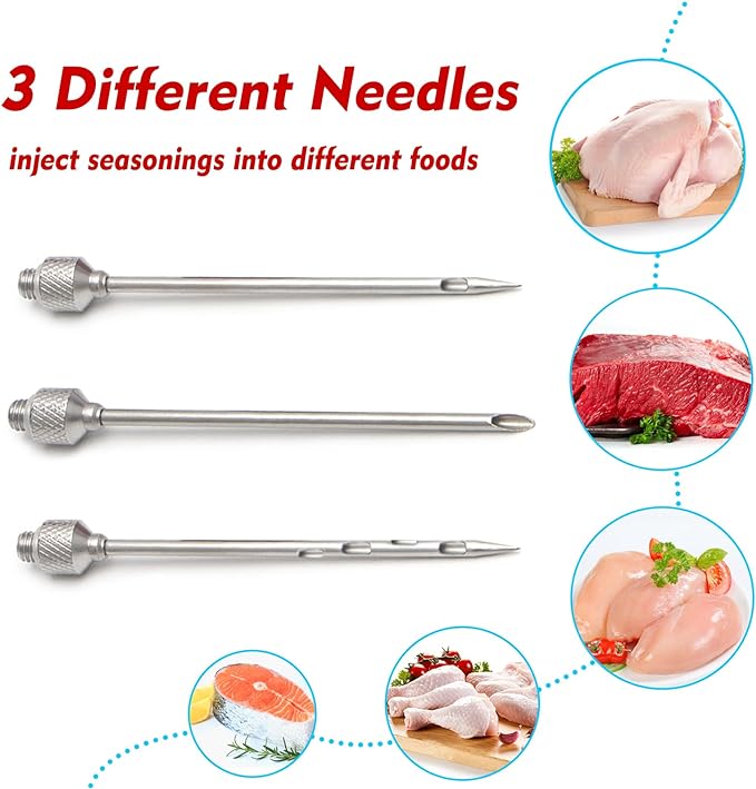 Meat Injector, 1-oz Plastic BBQ Marinade Injector Kit, Turkey Injector Syringe (3 Stainless Steel Meat Needles +3 Replacement O Rings + 1 Cleaning Brush) for Turkey Smoked BBQ Grill