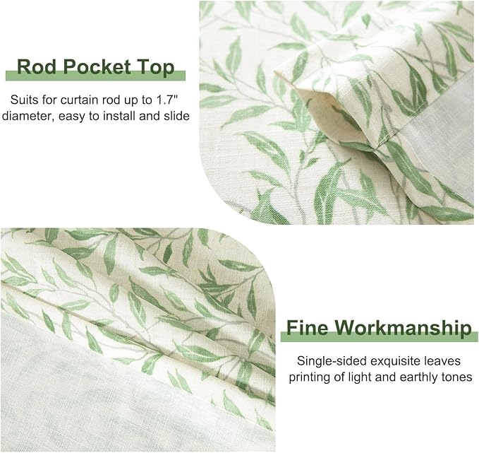 Leeva Willow Leaves Printed Curtains Valance - Rod Pocket Semi-Blackout Valance for Kitchen,Bedroom & Living Room, 52 x 18 Inch, Green, One Panel