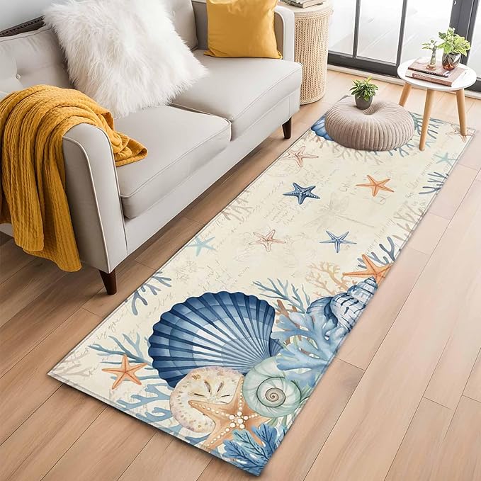 Runner Rug for Bedroom Hallway, Summer Blue Shells Starfish Kitchen Runner Rugs Area Rug 2x6ft, Vintage Coral Shells Fish Washable Soft Floor Carpet for Entryway Stair