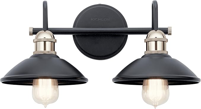 Kichler Clyde 2-Light Bathroom Vanity Light Fixture with Vintage Industrial Design, Black Finish for Bathrooms Over Mirror (7.25" H x 17" W x 8.25" Ext.), 45944BK