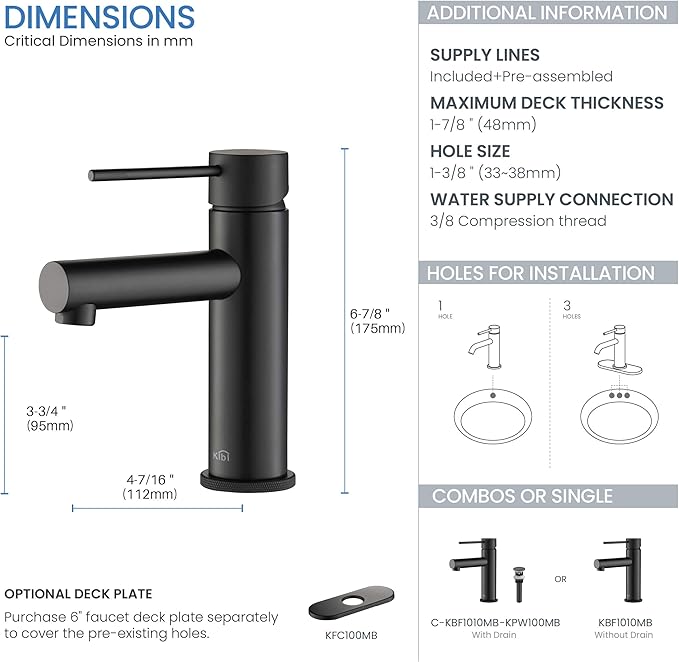 KIBI KBF1010 Solid Brass Single Handle Single Hole Circular X Faucet for Bathroom Sink with Pop Up Drain | High Arc Faucet Spout | Durable Matte Black Finish | Corrosion and Rust Resistant
