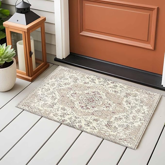 Beige Boho 2x3 Door Mat Rug, Vintage Ethnic Floral Non-Skid Rubber Backing Large Rectangle Rugs - Living Room Bedroom Home Office, Abstract Art Geometric Indoor Floor Mat Carpets Washable Rug