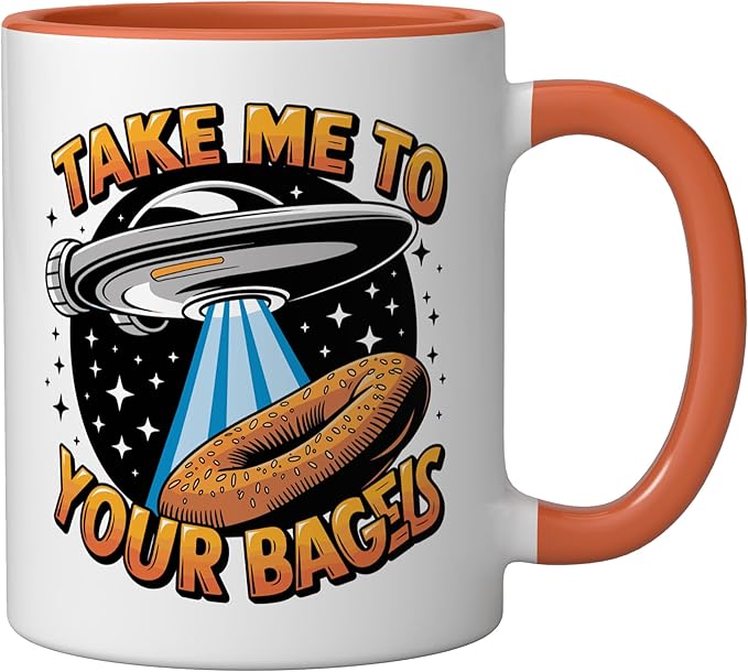 Take Me to Your Bagels UFO Abduction Jewish Funny Bagel Ceramic Mug, Orange/White