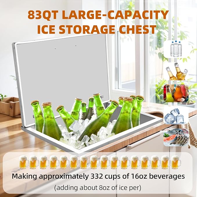 Drop in Ice Chest, 20''L x 14''W x 13''H Stainless Steel Ice Cooler, Commercial Ice Bin with Hinged Cover, 32QT Outdoor Kitchen Ice Bar, Drain-Pipe and Drain Plug Included, Ice Bin for Cold Wine Beer