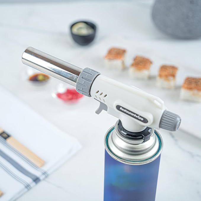 Restaurantware-RW Pyro Creme Brulee Torch With Adjustable Flame, 1 Refillable Culinary Blow Torch - Butane Gas Tank Not Included, No Flaring, White, For Baking, Cooking, BBQ, And More