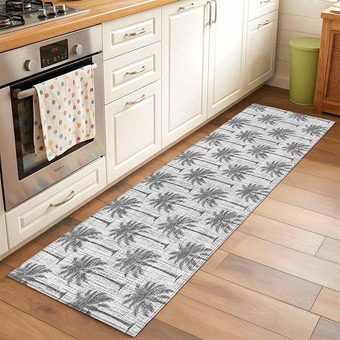 Runner Rug for Bedroom Hallway, Summer Palm Tree Retro Linen Kitchen Runner Rugs Area Rug 2x6ft, Tropical Gray Botanical Washable Soft Floor Carpet for Entryway Stair