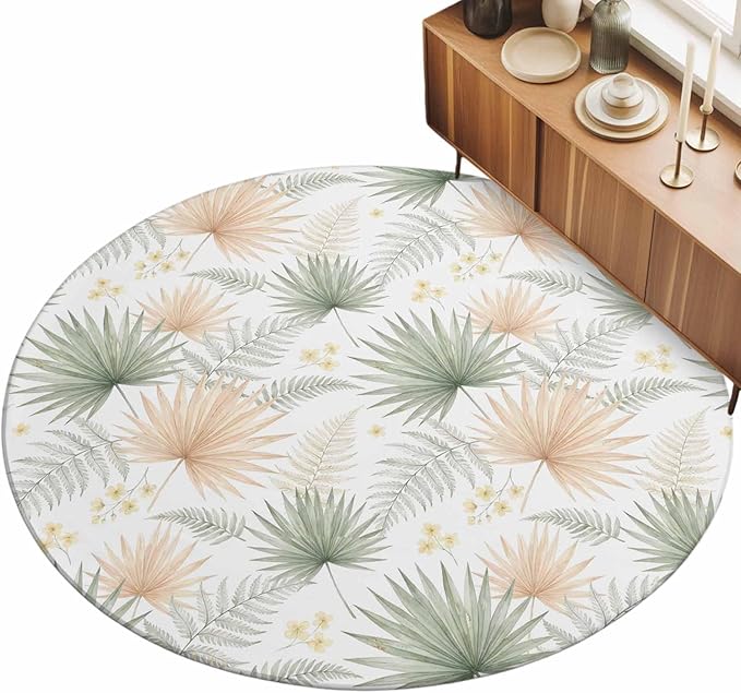 Washable Round Area Rug Boho Tropical Palm Circle Rugs Floor Carpet for Living Room Bedroom, Watercolor Seamless Background Soft Non Slip Round Rug 5ft