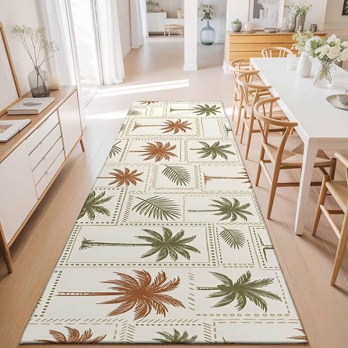 Runner Rug for Bedroom Hallway, Vintage Coconut Tree Palm Leaves Kitchen Runner Rugs Area Rug 2x6ft, Farm Tropical Plant on Beige Washable Soft Floor Carpet for Entryway Stair