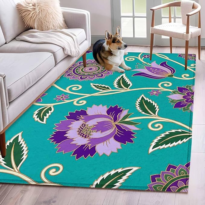 Area Rug 4x6ft, Bohemian Purple Flowers Washable Rugs for Living Room Bedroom, Paisley Floral Art Soft Non-Slip Area Rugs Rectangle Floor Carpet for Dining Room