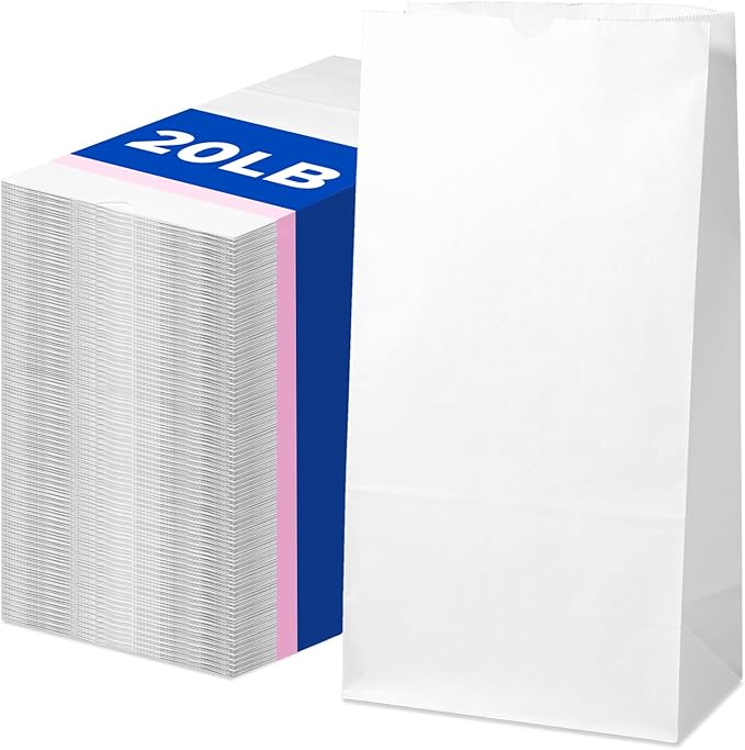 Fit Meal Prep 125 Pack 20 lb Large White Paper Bags, 16 x 8 x 5.5” Durable Blank Paper Bags Bulk for Packing, Delivery, Take Out, Grocery, Retail Shopping, Premium Big Size Sacks for Shopping