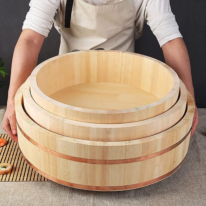 Round Sushi Rice Bowl Wooden Hangiri Sushi Oke Rice Mixing Tub with Copper Bands Rice Bucket Container Barrel for Restaurant Home Kitchen 30x7.5cm (27x7.5cm)
