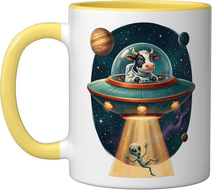 Funny Cow Astronaut UFO Abducting Alien Space Graphic Ceramic Mug, Yellow/White