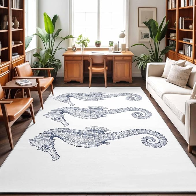 Area Rug 8x10ft, Summer Light Blue Seahorse Washable Rugs for Living Room Bedroom, Underwater Ocean Animals Soft Non-Slip Area Rugs Rectangle Floor Carpet for Dining Room