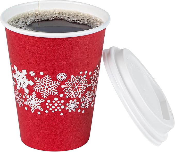 Restaurantware-Restpresso 12 Ounce Disposable Drinking Cups, 20 Hot Cups With Plastic Lids - Snowflake Design, Rolled Rim, Red Paper Coffee Cups, For Christmas Parties, Serve Hot And Cold Drinks